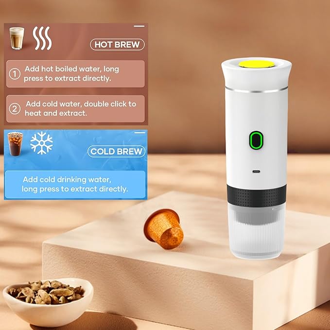 Mini Electric Espresso Coffee Machine Small Self-Heating Portable Car Coffee Maker with Capsule and Ground Coffee for Office RV Travel Camping Hiking (white)