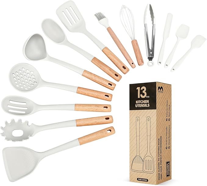 Kitchen Utensils Set 13PCS Silicone Cooking Utensils Heat Resistant Kitchen Utensil Spatula Set for Nonstick Cookware Wooden Handles Kitchen Gadgets Tools Set