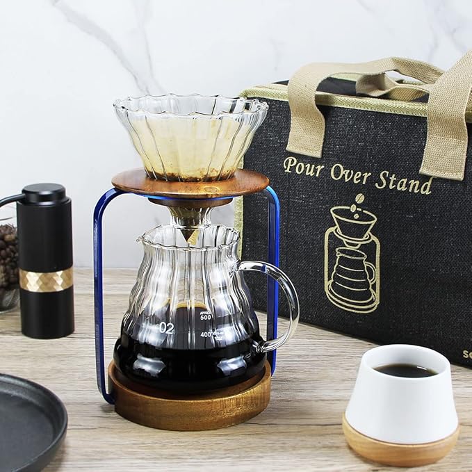 SOTECH Pour Over Coffee Dripper Stand with Metal Stand Wooden Filter Holder Glass Server with Paper Coffee Filters Coffee Maker Stand Set for Coffee Tea and Saffron