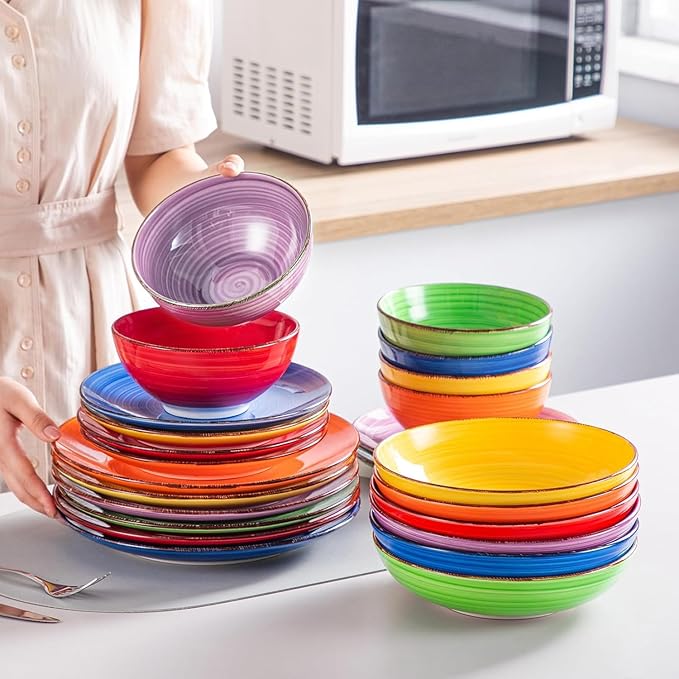 vancasso Bonita Dinnerware Sets 24 Pieces Multicolor Stoneware Dinner Set for 6 Handpainted Spirals Pattern Ceramic Plates and Bowls Sets Kitchen Plate Set