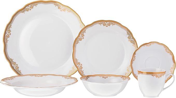 Lorren Home Trends 24 Piece Catherine Design Porcelain Wavy Edge Dinnerware Set White
