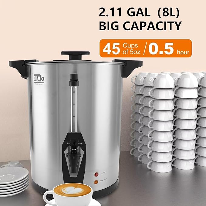 45 Cup 8L/2.11Gallon Commercial Coffee Urn Festa Essential 950W Large Percolate Coffee Maker Hot Beverage dispenser With Double Dripless FaucetQuick-Brewing Hot Water Urn for CateringHomeEvents