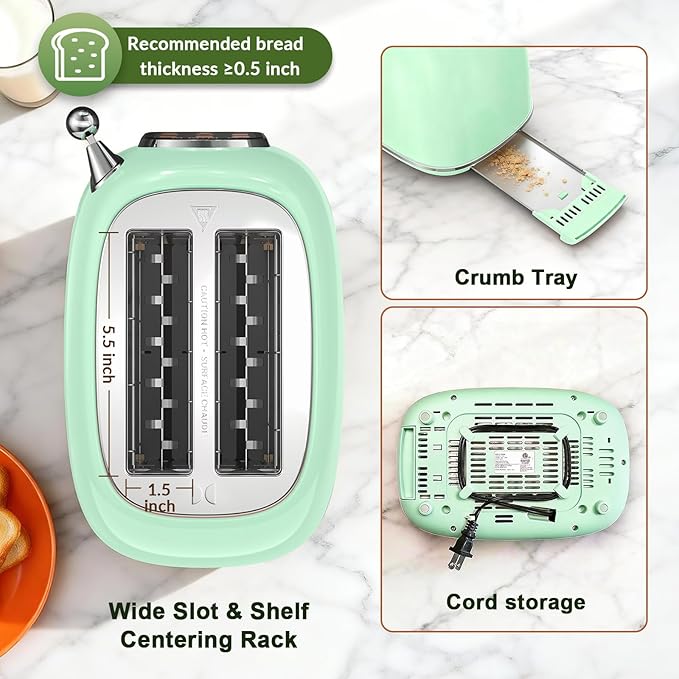 Mecity Toaster 2 Slice Touch Screen Wide Slot Retro Toaster For Breads Bagel Muffin Waffle House Warming Gift New Home 120V 825W Light Green