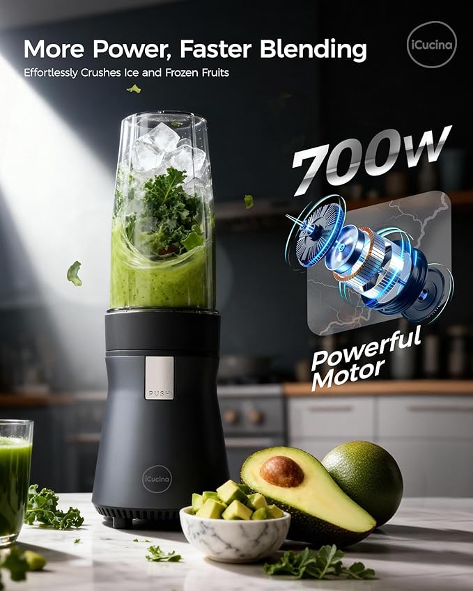 iCucina Smoothie Blender Personal Blender for Shakes and Smoothies 700W Pulse Technology Single Serve Blenders with 2 x 28oz Protable Cups for Ice Crush Frozen Fruit Drinks