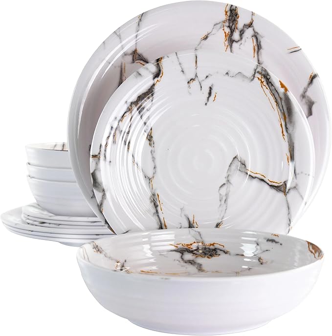 12-Piece Lightweight Melamine Dinnerware Sets White Marble Pattern Shatterproof &amp Dishwasher Safe Ideal for Outdoor Parties Family Dinners &amp Daily Use
