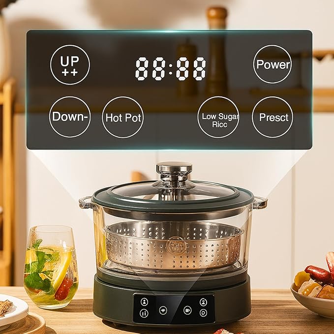 Low Carb Rice Cooker with Lifting Sugar Removal 3L Stainless Steel Low Sugar Digital Steamer Touch Control Smart Electric Cooker with Steamer Basket for Healthy MealsGreen
