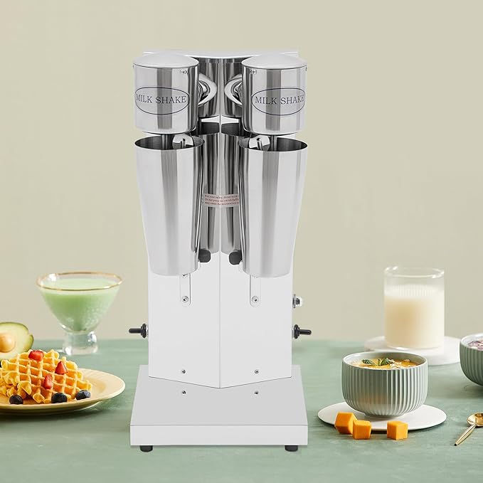 Electric Milkshake Maker Commercial Stainless Steel Milk Shake Machine Drink Mixer Adjustable Speed Malt Maker Machine Smoothie Milk Foam Tea Mixer Blender + cups (2 Head)