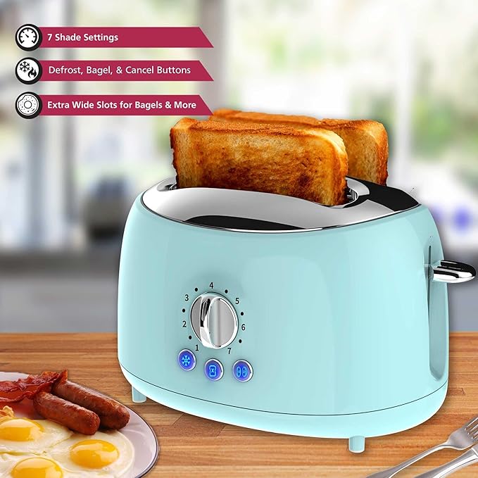 Cool Touch 2-Slice Extra Wide Slot Toaster with 7 Shade Settings Defrost and Bagel Functions – Black and Blue Retro Kitchen Toaster (Blue)