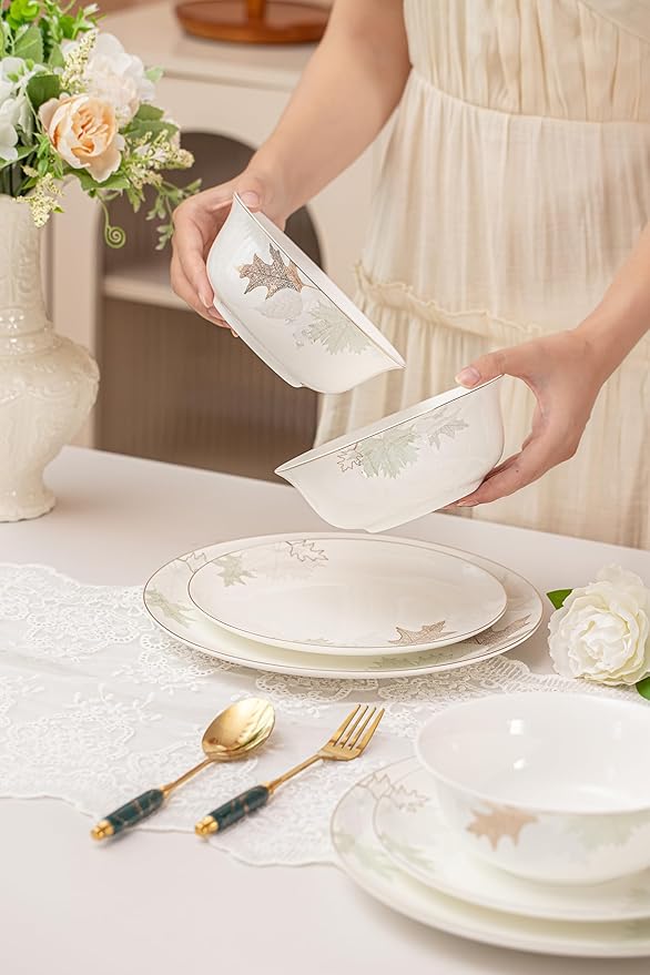 Artistic Bone China Dinnerware Set with Gold Trim Crafted with Traditional Chinese Artistry Glazed Inner Patterns Service for 4 – Maple Leaf Collection