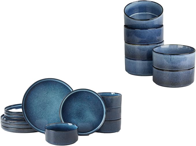 Famiware Dinnerware Set for 4 (12 Piece) and 5.5 Soup Bowl Set (6 Pieces) - Nebulas Blue