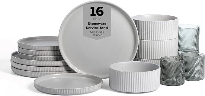 Stone Lain Haven Stoneware 16-Piece Dinnerware Set Plates and Bowls Sets for 4 Grey Dish Set Includes Dinner and Salad Plates Cereal Bowls Glassware Microwave &amp Dishwasher Safe