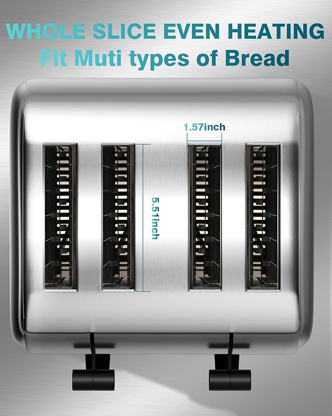 WantJoin Toaster Commercial 4 Slices- 225 Slices/Hour Wide Slots 1.57 inch 1800W Pop Up Stainless Steel 6-Level Setting with Removable Crumb Tray Breakfast Restaurant Bread Bagels