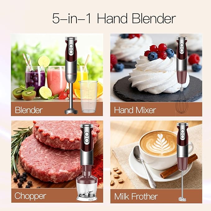MegaWise Pro Titanium Reinforced 5-in-1 Immersion Hand Blender Powerful Motor with 80% Sharper Blades 12-Speed Corded Blender Including 500ml Chopper 600ml Beaker Whisk and Milk Frother (Red)