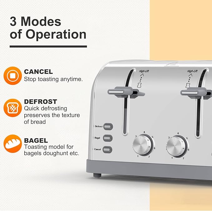 Toaster 4 Slice Retro Stainless SteelBest Prime 4 Slice Toaster Wide Solt with 7 Shade Settings Perfect for Waffles Bagels and More Lainsten T-527