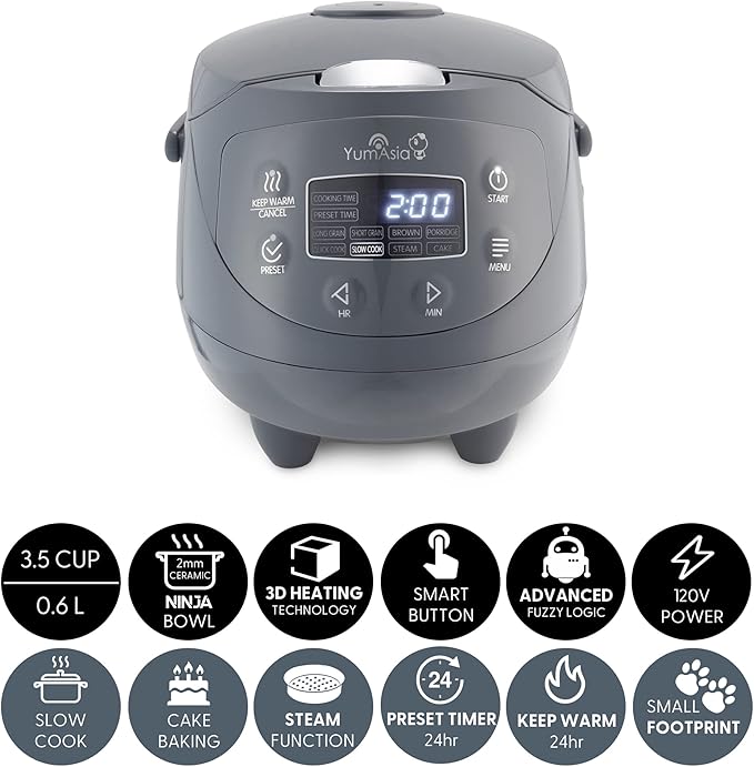 Yum Asia Panda Mini Rice Cooker With Ninja Ceramic Bowl and Advanced Fuzzy Logic (3.5 cup 0.63 litre) 4 Rice Cooking Functions 4 Multicooker functions Digital LED display - 120V