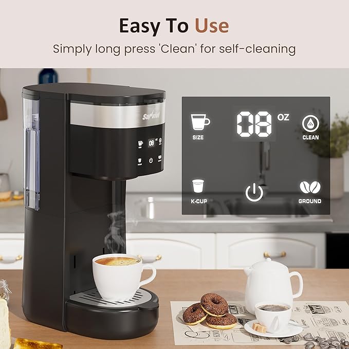 SUNVIVI 3-in-1 Single Serve Coffee MachineBrewer for K-Cup Pods Ground Coffee and Teas Brew Sizes 8 to 14oz 30oz Removable Water Reservoir 2 Cup Trays Self-Cleaning Function - Black