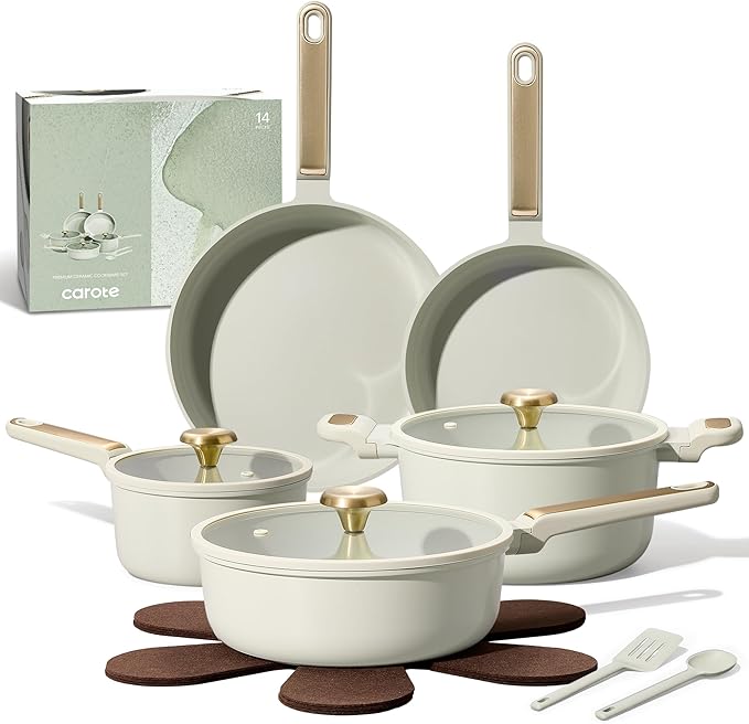 CAROTE Ceramic Cookware Set Nonstick 14pcs Pots and Pans Set Nonstick Non-Toxic &amp PFAS-Free Dishwasher RV/Camping Cookware Set Cooking Pots with Lids Sage Green