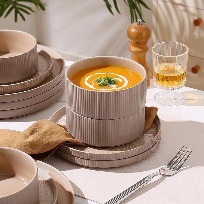 Dinnerware Sets for 4 Ceramic Plates and Bowls Set 12 Piece Dinnerware Chip Resistant Stoneware Dishwasher and Microwave Safe-Brown