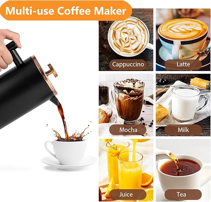 Black French Press Stainless Steel 34oz Double Wall Insulated Coffee Press 1L for travel camping with 2 Extra Filter Screens and 1 Coffee Spoon（8cup 1000ml）