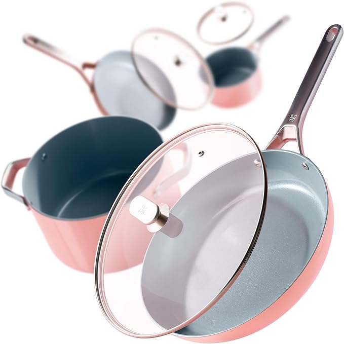 Greater Goods Savvy Ceramic Nonstick Cookware Set (10pc) and Chef Knife (Stainless Steel) Pink Bundle