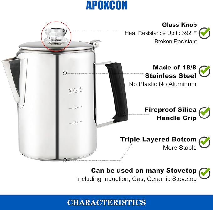 Multi Use Percolator Coffee Pot Stainless Steel Stove Top Coffee Maker with Two Borosilicate Glass Knob Silica Handle Camping Coffee Pot Using on Campfire Stove &amp Induction Cooker Silver 9 Cup