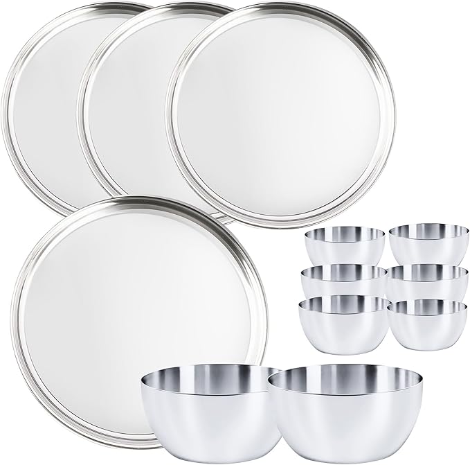 Stainless Steel Plates and Bowls Set 12 Pieces Steel Dinnerware set for 4 Metal Reusable Camping Dishes Kitchen Dinner Trays &amp 10 Oz Snack Bowls Dishwasher Safe (Heavy 6.5 Lbs)