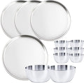 Stainless Steel Plates and Bowls Set 12 Pieces Steel Dinnerware set for 4 Metal Reusable Camping Dishes Kitchen Dinner Trays &amp 10 Oz Snack Bowls Dishwasher Safe (Heavy 6.5 Lbs)