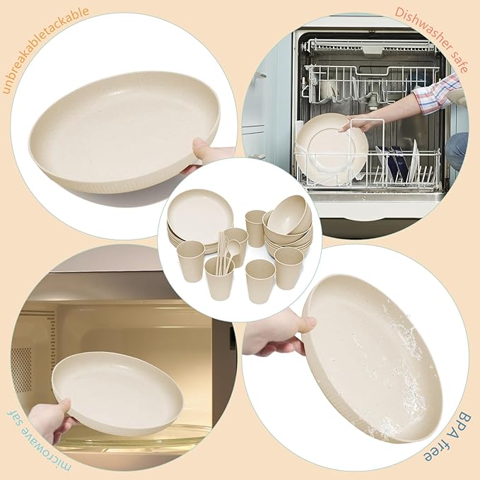 Wheat Straw Dinnerware Sets -DAPIPIK 42 Piece Unbreakable Dinnerware Sets for 6 Kitchen Plates and Bowls Set Lightweight Camping Plates Cups and Bowls Set.Dishwasher Microwave Safe Dinnerware