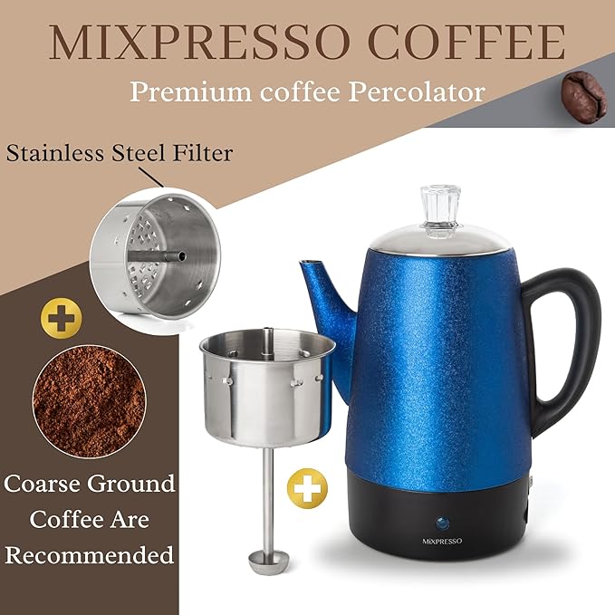 Mixpresso 10 Cup Percolator Coffee Pot Electric Stainless Steel Coffee Percolator Electric With Keep Warm Function Classic Perculator Pot With Removable Basket for Home or Office - Shiny Blue