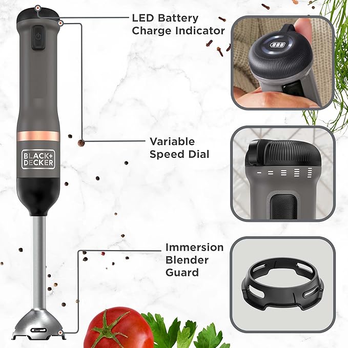 BLACK+DECKER Kitchen Wand Cordless Immersion Blender Hand Blender with Charging Dock Grey (BCKM1011K01)