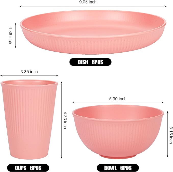 18PCS Wheat Straw Dinnerware Sets for 6 Unbreakable Dinnerware SetsDishwasher &amp Microwave Safe Reusable Wheat Straw Plates Bowl Set and Cup Set Kitchen Outdoor Travel Camping