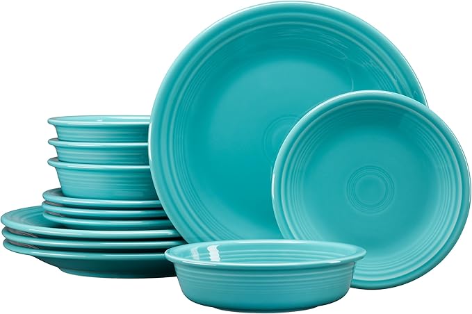 Fiesta® Classic Rim 12-Piece Dinnerware Set – Durable Ceramic Lead-Safe Dishwasher/Microwave/Oven Safe – Made in USA Dinnerware - Turquoise
