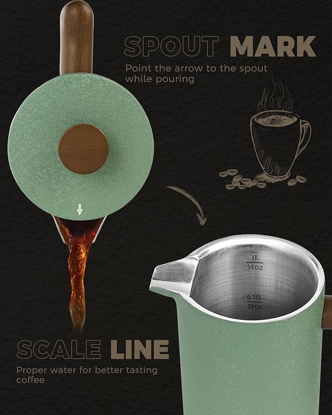 POLIVIAR French Press Coffee Maker 34 oz Coffee Press with Real Wood Handle Double Wall Insulation &amp Dual-Filter Screen Food Grade Stainless Steel for Good Coffee and Tea JX2023-FPLN