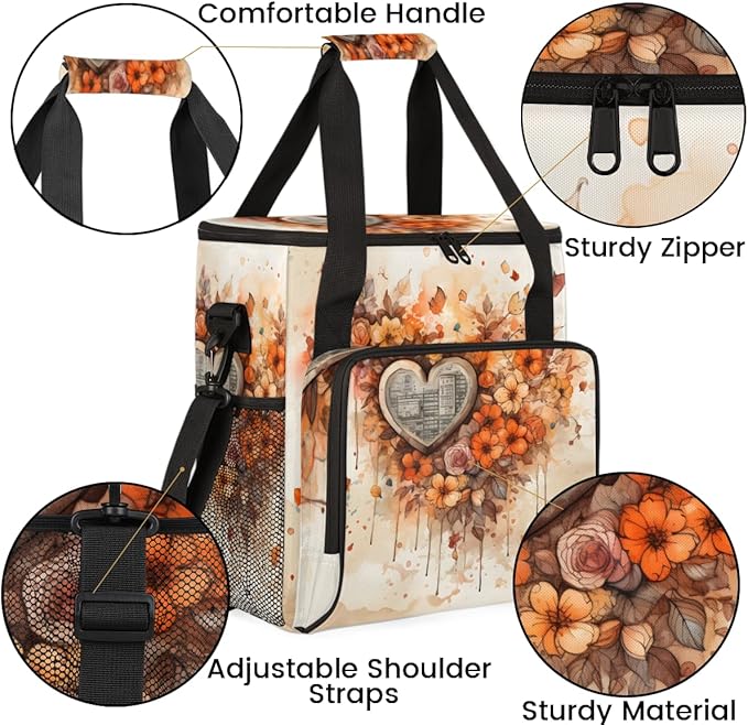 Heart Flowers Coffee Maker Carrying Bag Portable Travel Storage Tote Bag Compatible with K-Mini or K-Mini Plus Single Serve Coffee Brewer Carrying Case with Multiple Pockets &amp Shoulder Strap