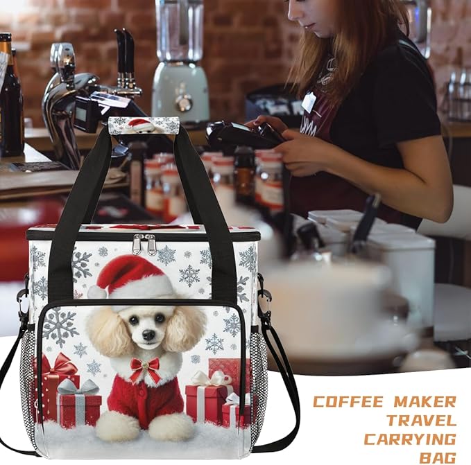 Merry Christmas Dog Snowflake Gift Coffee Maker Carring Bag Travel Carrying Storage Tote Bag Compatible with Keurig K-Mini or K-Mini Plus Portable Single Serve Coffee Brewer Case with Pockets