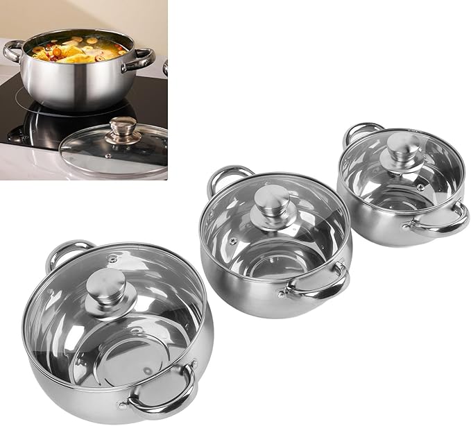 Stainless Steel Soup Pot Set 3 Piece Kitchen Cookware Sets Thick Bottom Anti Stick Cooking Pot Set with Glass Lids Stay Cool Handle Works with Induction Electric and Gas Cooktops
