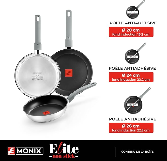 Monix Elite Non Stick Set of 3 Frying Pans 20-24-26 cm 18/10 Stainless Steel Three-Layer Non-Stick Coating PFOA-Free TherMonix Temperature Display Ergonomic Soft Touch Handle