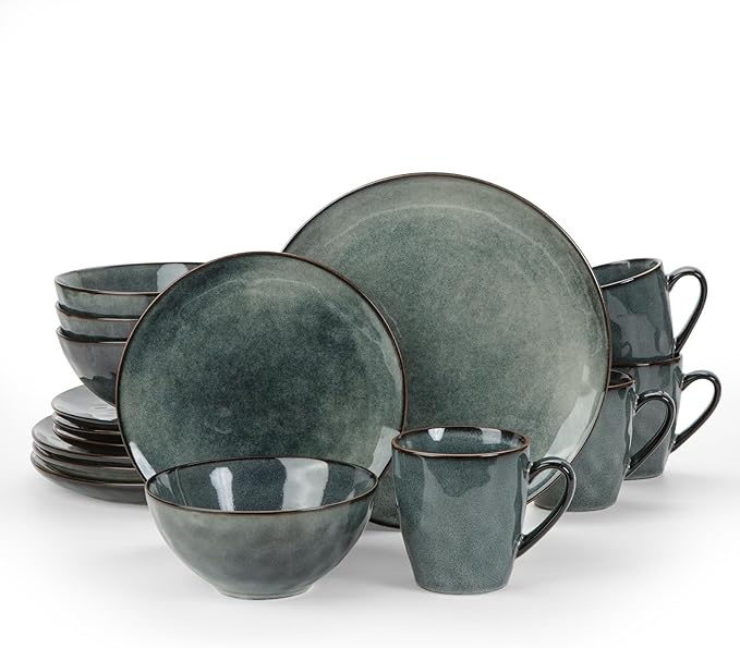 Famiware Ocean Round Plates and Bowls Sets for Kitchen 16-Piece Dinnerware Sets for 4 Mug Set for 4 Reactive Glaze Deep Forest
