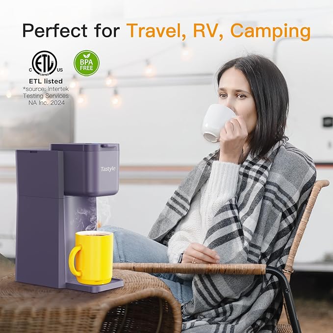 Mini Hot and Iced Coffee Maker Single Serve for K Cup and Ground 6 to 14 Oz Brew Sizes with Recipe Book for Home Travel RV Office and Dorm Violet