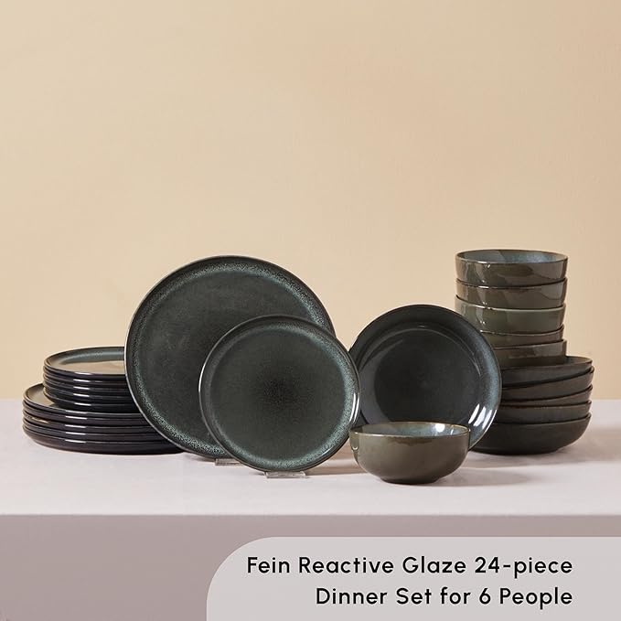 Karaca Fein 24 Piece Reactive Glaze Dinner Set for 6 People Modern Design with Unique Handcrafted Patterns Durable Kitchen Plates and Bowls Sets Stoneware Dinnerware &amp Dishwasher Safe