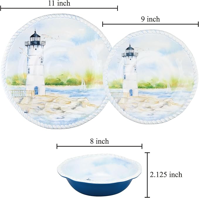 UPware 12 Piece Coastal Lighthouse Melamine Dinnerware Sets Outdoor Dishes Set Plates and Bowls Sets Service for 4 Blue