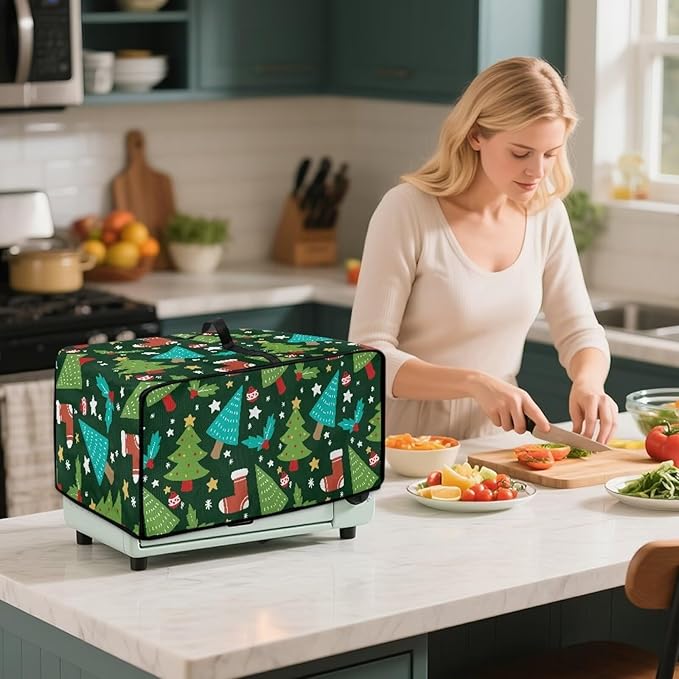 Doojoayie Christmas Tree Toaster Cover 4 Slice Decorative Toaster Oven Cover for Holiday Home Decor Universal Fit Kitchen Appliance Covers with Top Handle Belt Easy to Storange