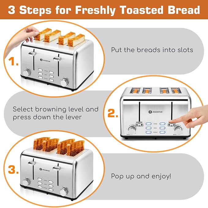 Aigostar Toaster 4 Slice 1.6 Wide Slot Stainless Steel Toasters with Bagel Reheat Cancel Defrost Function 6 Shade Settings Removable Crumb Tray 1550W Best Rated Prime 4 Slice Toasters