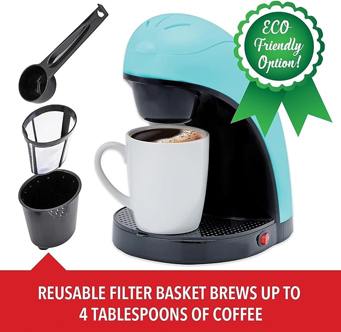 Single Serve Coffee Maker with Porcelain Mug – Compact One Cup Coffee Brewer with Measuring Spoon Removable Drip Tray Blue