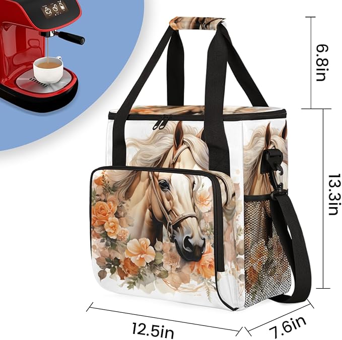 Flowers Horse Coffee Maker Carrying Bag Portable Travel Storage Tote Bag Compatible with K-Mini or K-Mini Plus Single Serve Coffee Brewer Carrying Case with Multiple Pockets &amp Shoulder Strap