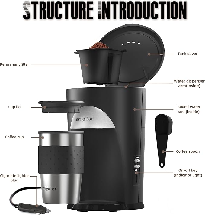 Portable Coffee Maker for Travel Camping Car Compact Drip Coffee Machine Single Serve with 10 oz Travel Mug for Traveling RV Office Home and Dorm 12V Black