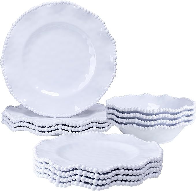 12-Piece White Beaded Melamine Dinnerware Sets – Chip-Resistant Plates &amp Bowls Farmhouse Dining Set includes 4 dinner 4 Salad and 4 Bowl – Ideal for RV Cabin Daily Use
