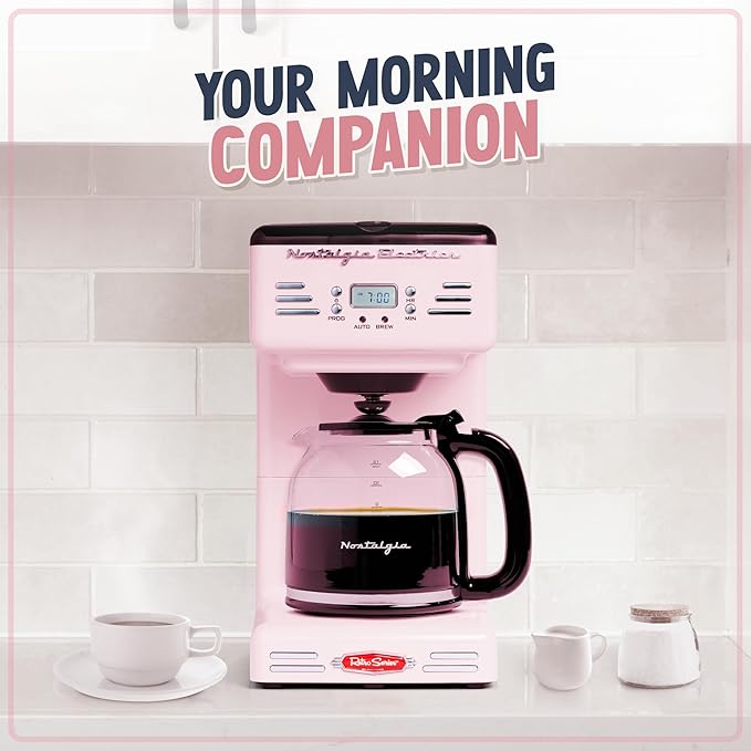 Nostalgia Retro 12-Cup Programmable Coffee Maker With LED Display Automatic Shut-Off &amp Keep Warm Pause-And-Serve Function Pink