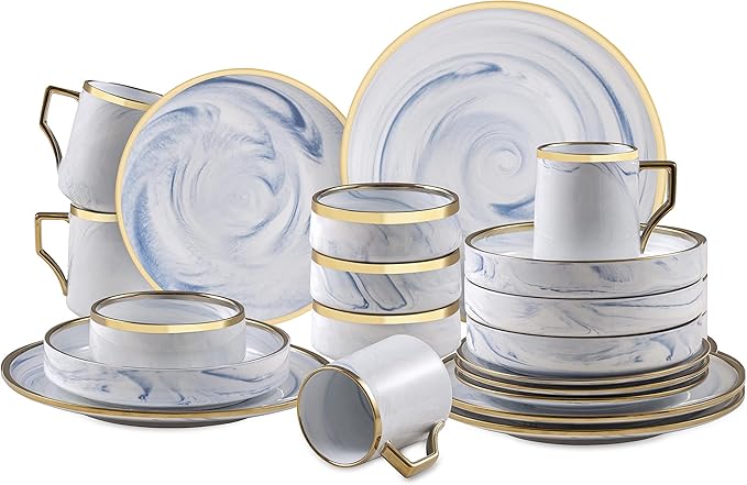 20 Piece Plates and Bowls Sets Fine China Artisan Marbled Dinner Set for 4 Dishwahser Safe Scratch Resistant Blue with Gold Line