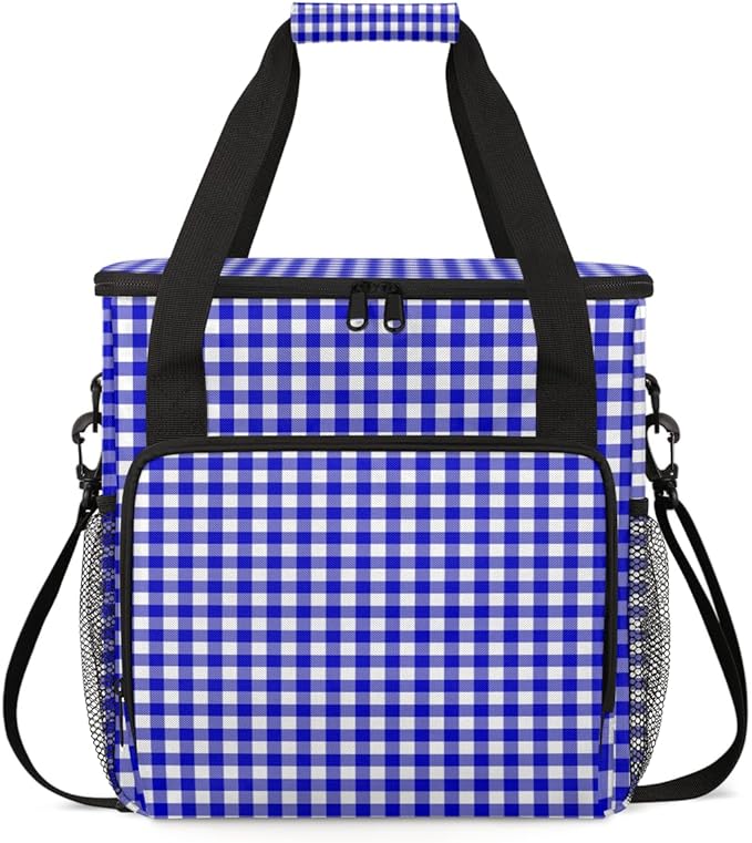 Navy Plaid Coffee Maker Carrying Bag Portable Travel Storage Tote Bag Compatible with K-Mini or K-Mini Plus Single Serve Coffee Brewer Carrying Case with Multiple Pockets &amp Shoulder Strap